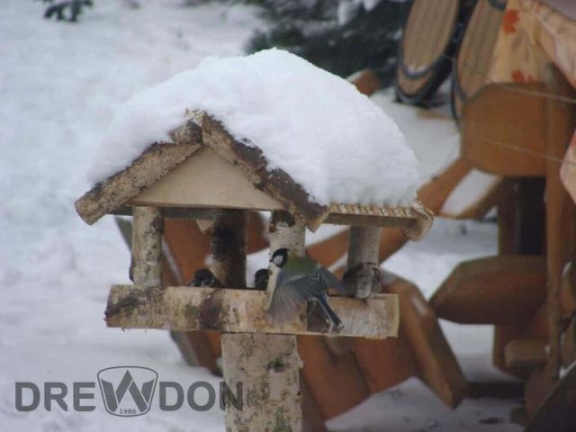Karmnik dla ptaków na stojaku zimą